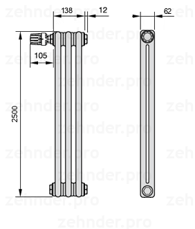 Схема (чертеж) Радиатор Zehnder Charleston 2250/3 №V011 Белый глянцевый RAL 9016